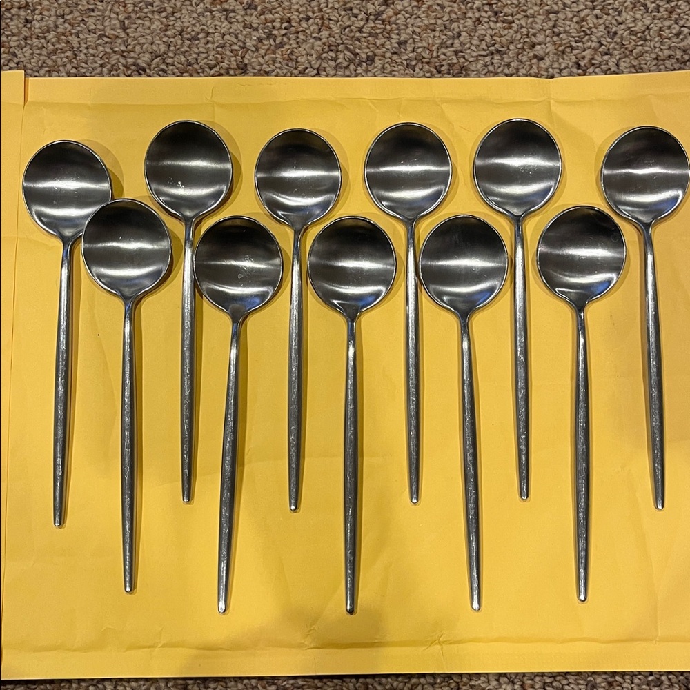 Moon Matte Silver Stainless Steel 7” teaspoons bowl shaped soup Set of 11 VGUC